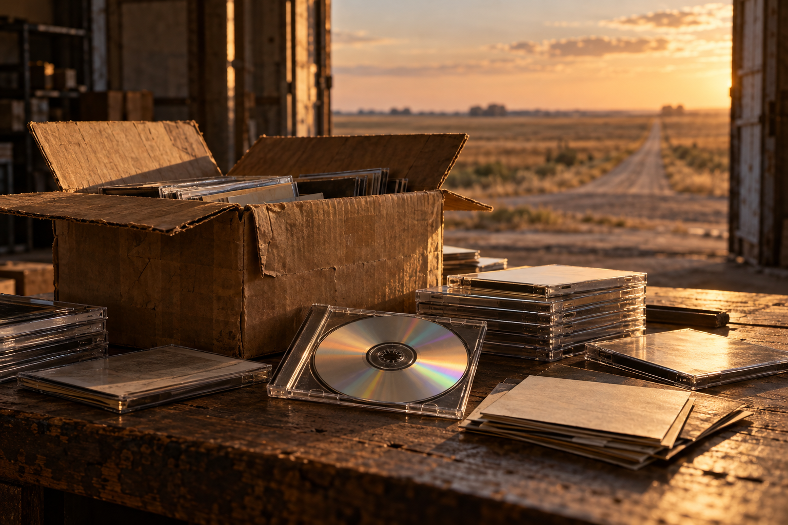 Imagen conceptual: discos compactos y cajas de cartón junto a un camino rural al atardecer